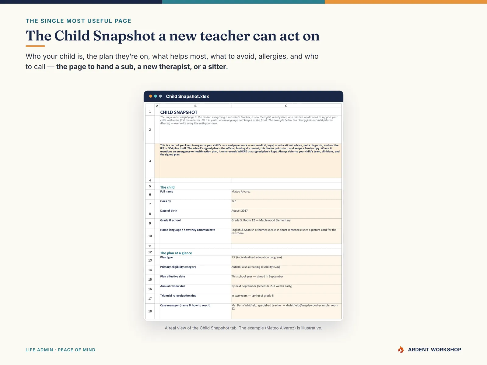IEP Records & Care Binder — the Child Snapshot tab, the one-page profile a new teacher or sitter needs first