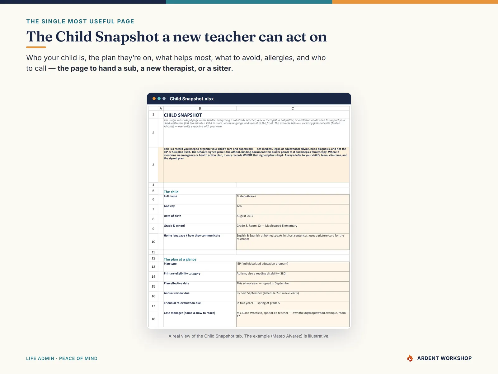 IEP Records & Care Binder — the Child Snapshot tab, the one-page profile a new teacher or sitter needs first