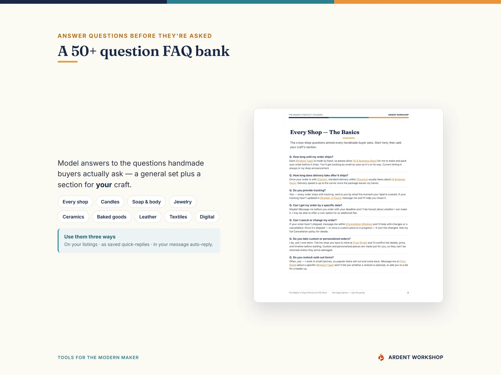 Maker's Shop Policies & FAQ Pack — a 50+ question buyer FAQ bank by craft