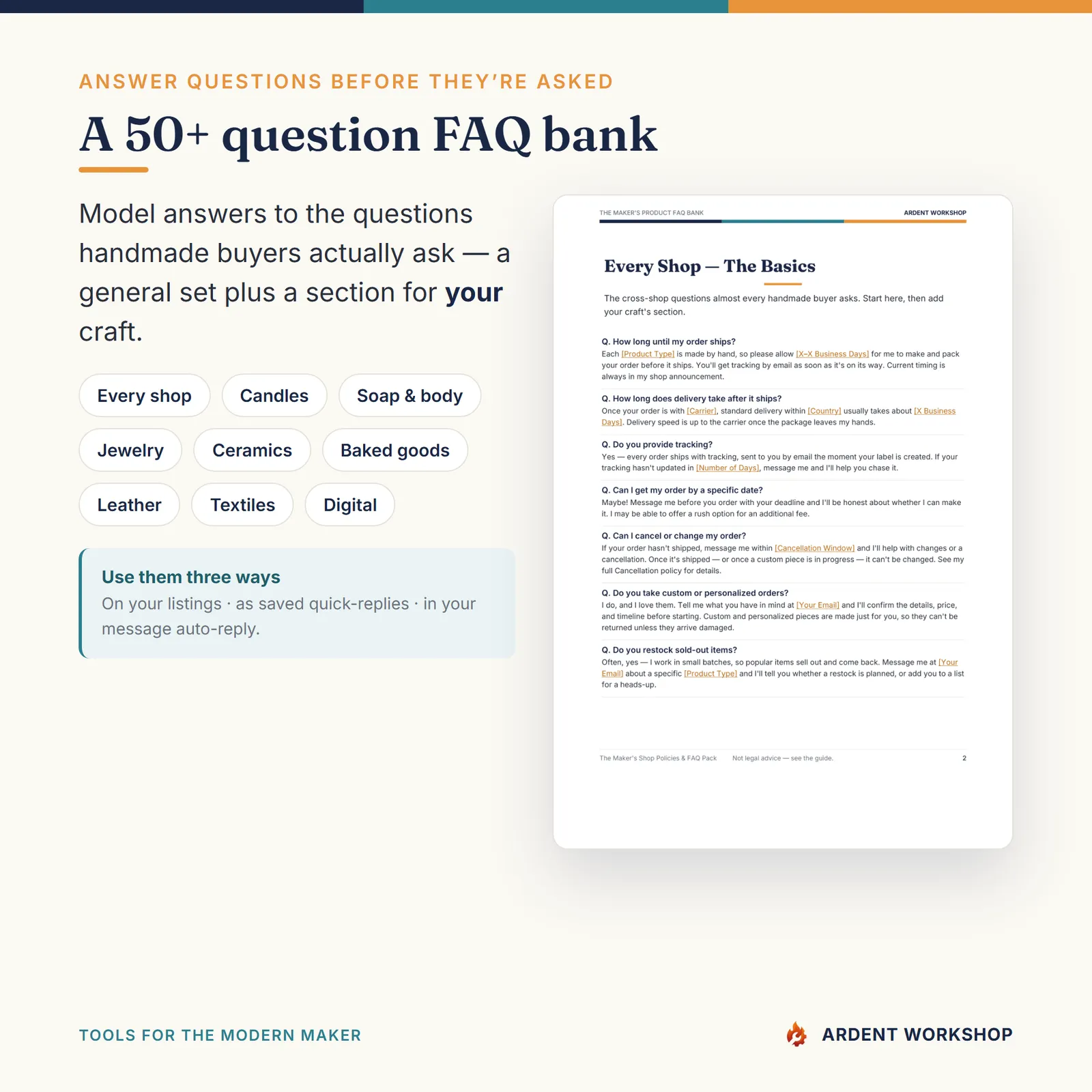 Maker's Shop Policies & FAQ Pack — 50+ Question FAQ Bank