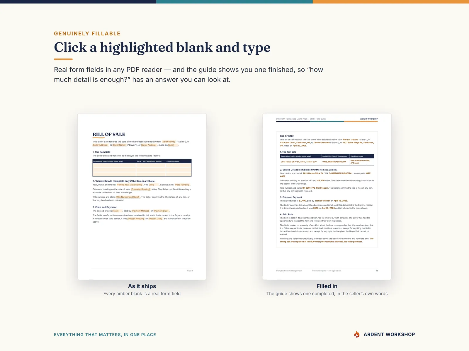 Click a highlighted blank and type — a real document page with interactive fill-in fields