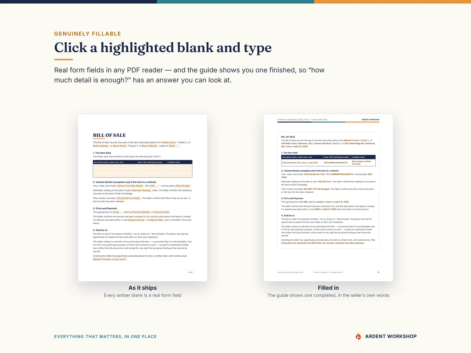 Click a highlighted blank and type — a real document page with interactive fill-in fields