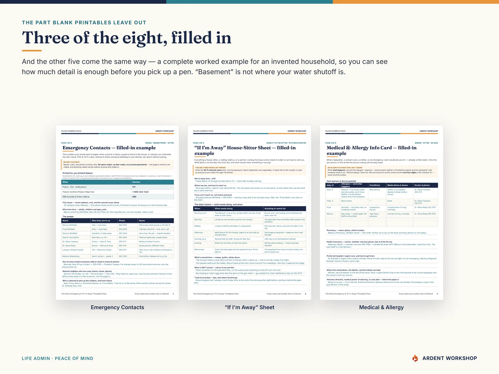 Three pages from the filled example pack, answered in full for an invented household