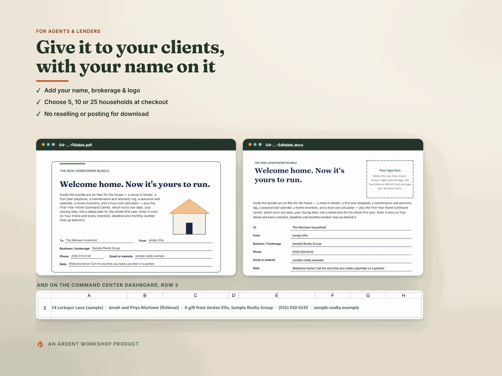 For agents and lenders: give it to your clients with your name on it. Add your name, brokerage and logo; choose 5, 10 or 25 households at checkout; no reselling or posting for download. Shown: the fillable welcome card and the Word card with a logo box, both filled in for a sample giver, and beneath them the Command Center Dashboard row reading A gift from Jordan Ellis, Sample Realty Group