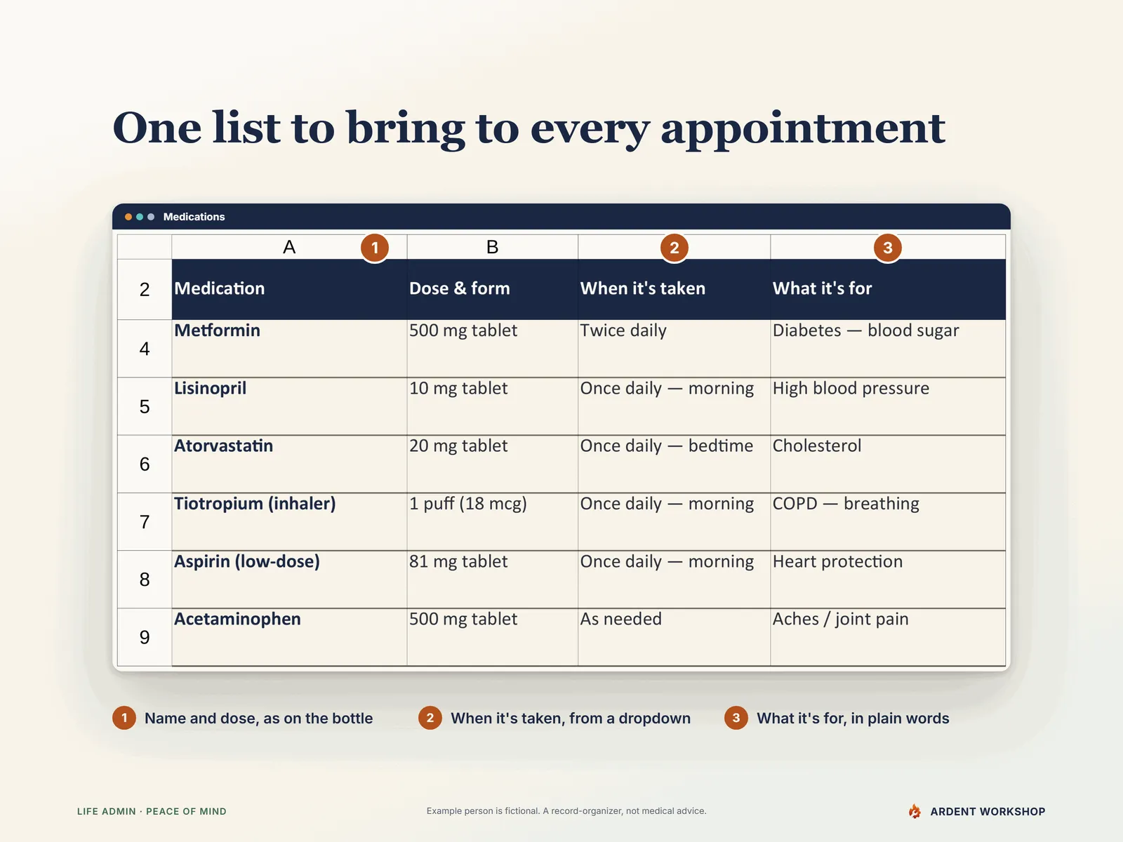 Medication & Appointment Tracker — the Medications tab with a numbered marker on each column header: name and dose as on the bottle, when it's taken from a dropdown, and what it's for
