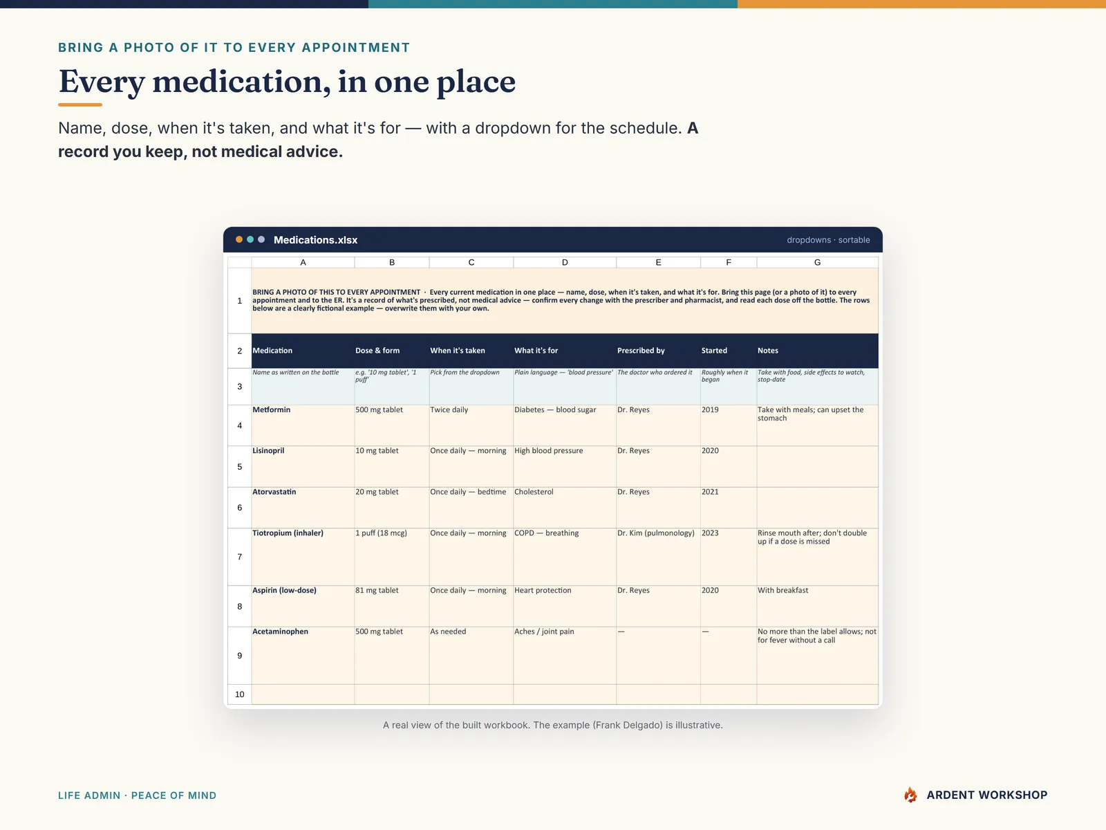 Medication & Appointment Tracker — the Medications tab with every dose, when it's taken, and what it's for