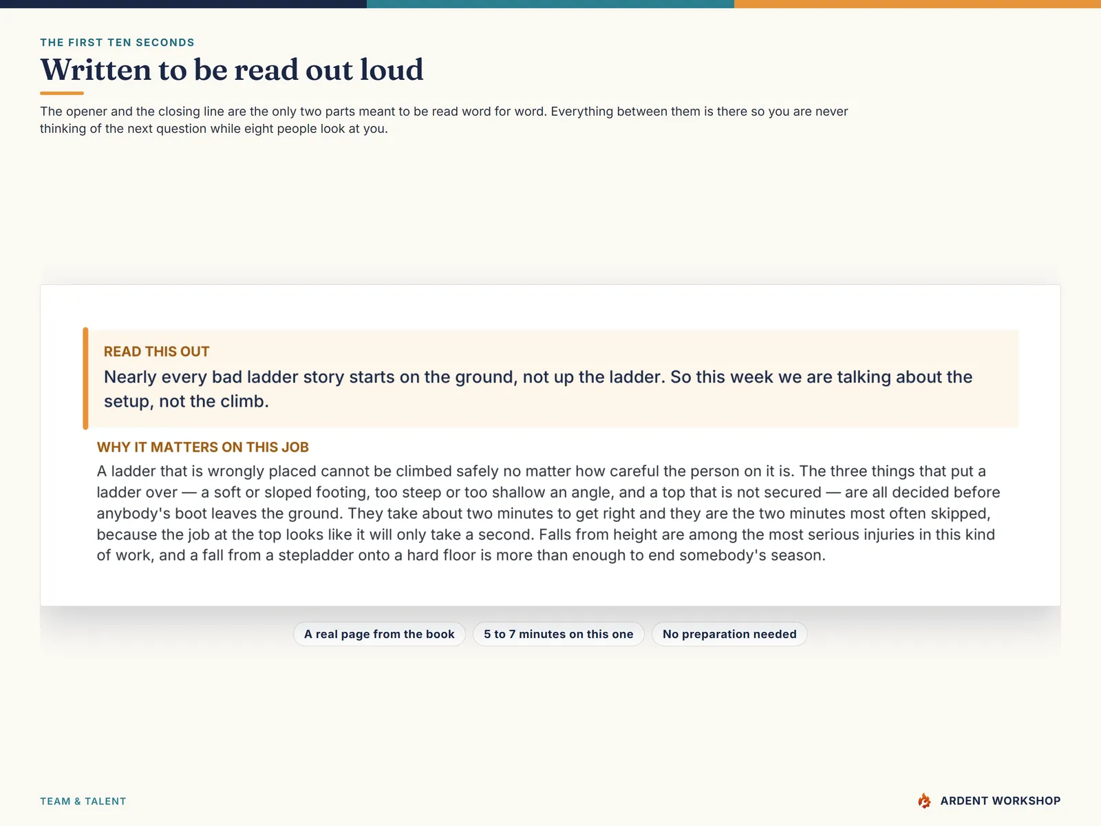 The read-this-out opener at the top of a real toolbox talk page, written to be spoken rather than paraphrased
