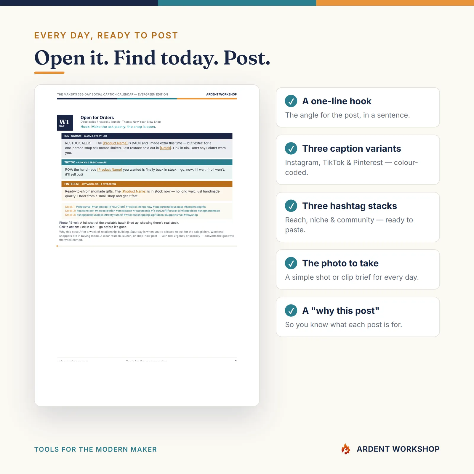 Maker's 365-day Social Media Caption Calendar — Open, find today, post