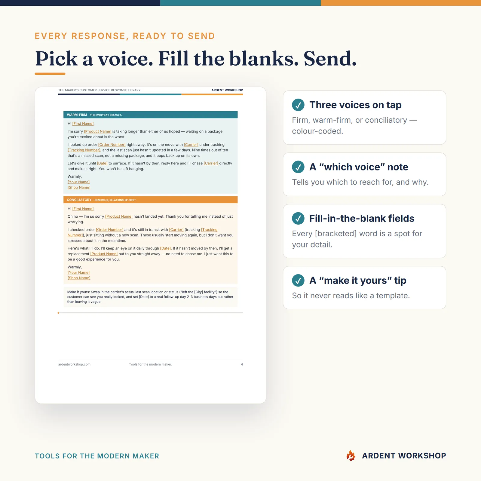 Maker's Customer Service Response Library — Pick a voice, Fill the blanks, Send