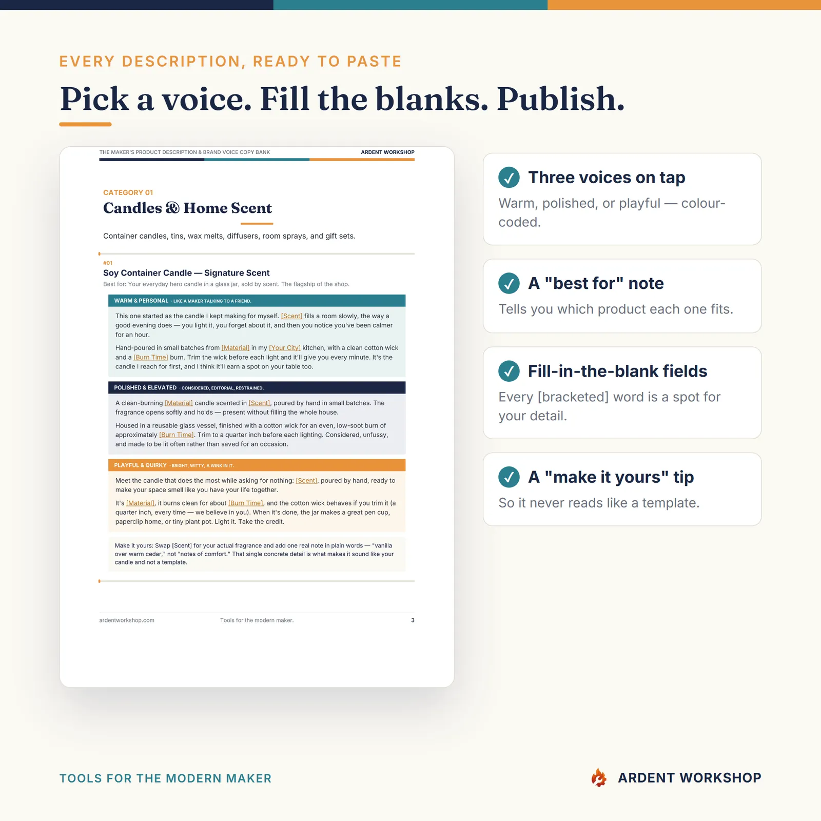Maker's Product Description & Brand Voice Copy Bank — Pick a voice, Fill the blanks, Publish