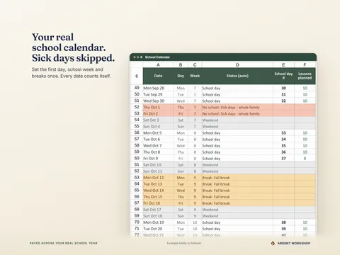 Homeschool Year Planner — the School Calendar numbering school days and skipping sick days, weekends and a fall break
