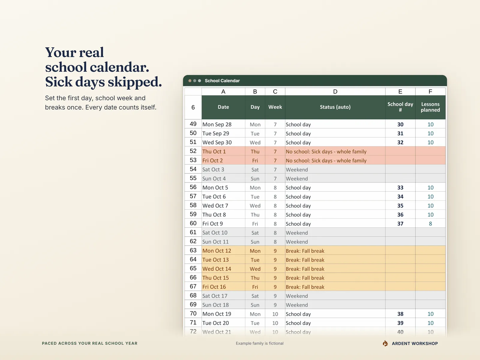 Homeschool Year Planner — the School Calendar numbering school days and skipping sick days, weekends and a fall break
