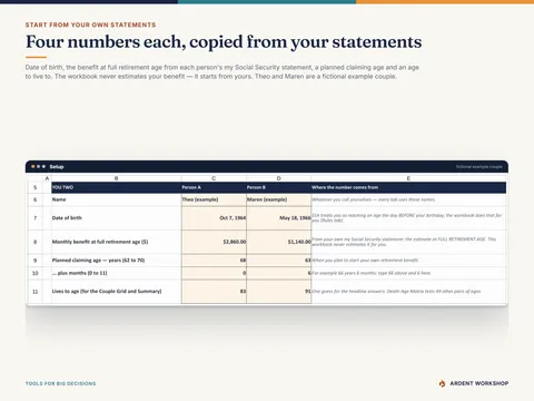 Setup tab - date of birth, benefit at full retirement age, planned claiming age and lives-to age for each person in a fictional example couple