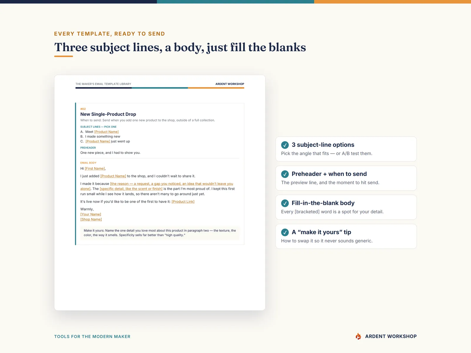 Maker's Email Template Library — three subject lines, a body, just fill the blanks