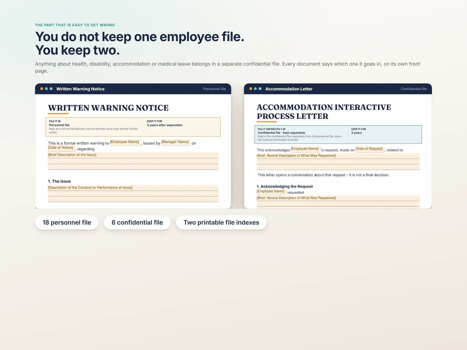 Two employee files, not one — the personnel file stamp beside the separate confidential file stamp on a real document page