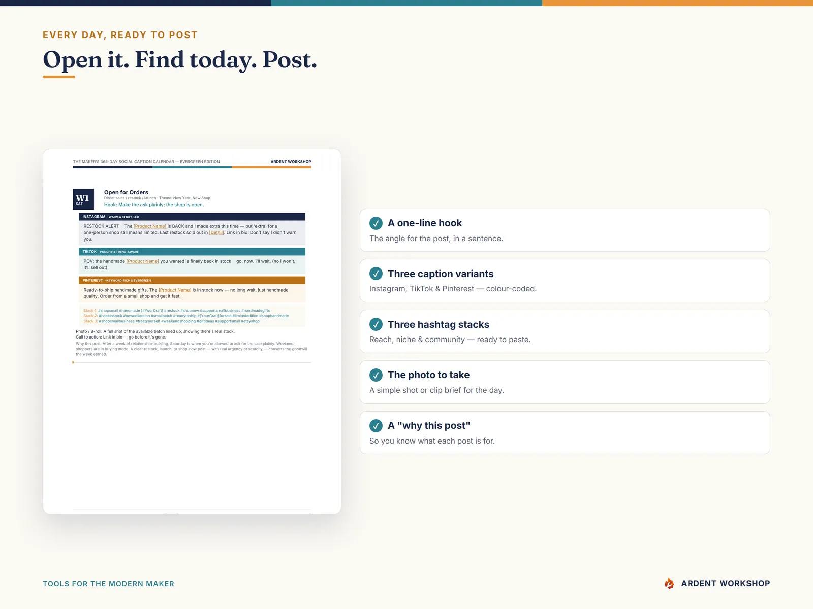 Maker's 365-day Social Media Caption Calendar — Open it, find today, post