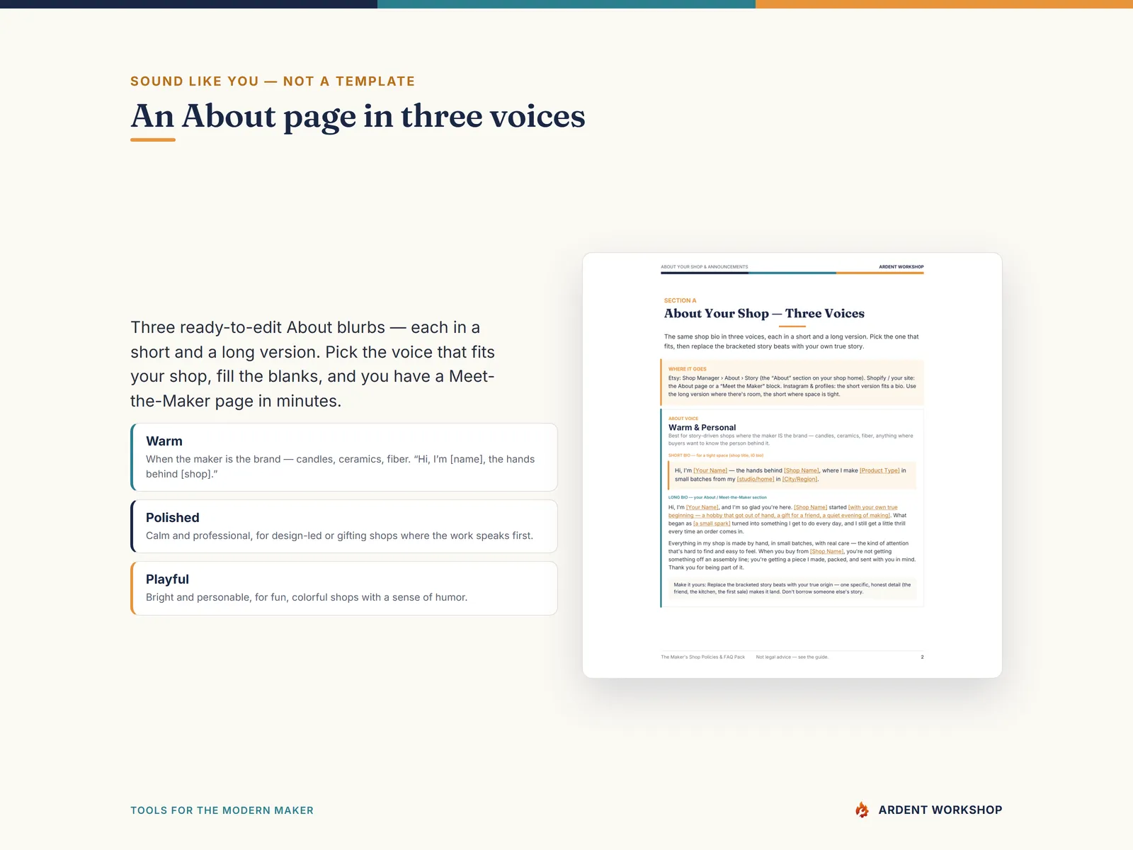 Maker's Shop Policies & FAQ Pack — an About page in three voices (warm, polished, playful)