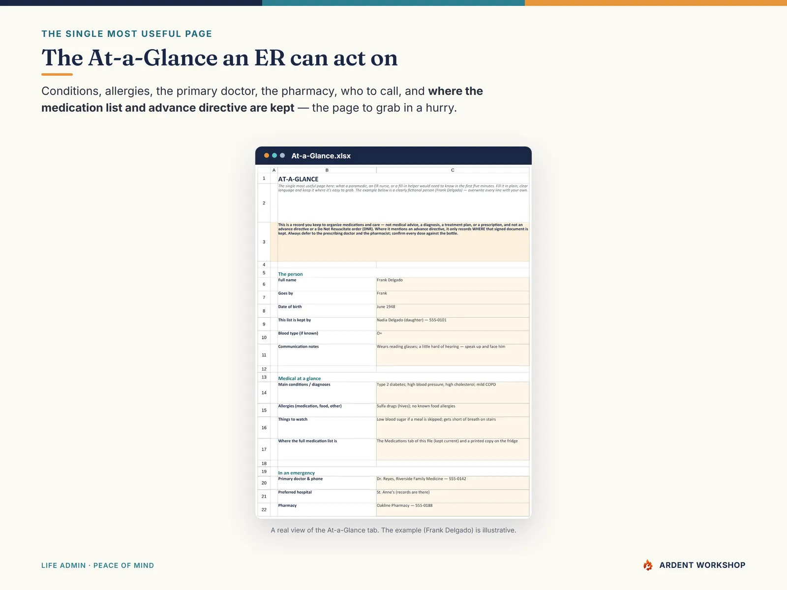 Medication & Appointment Tracker — the At-a-Glance page a paramedic or fill-in helper needs first