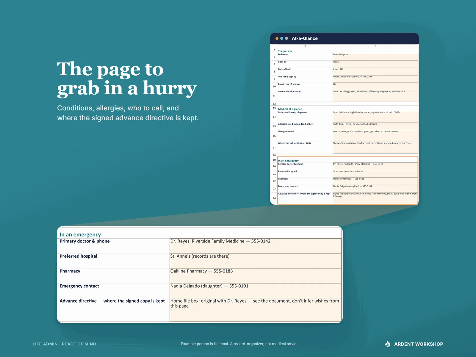 Medication & Appointment Tracker — the whole At-a-Glance page with its emergency block outlined and magnified: primary doctor, hospital, pharmacy, emergency contact, and where the advance directive is kept