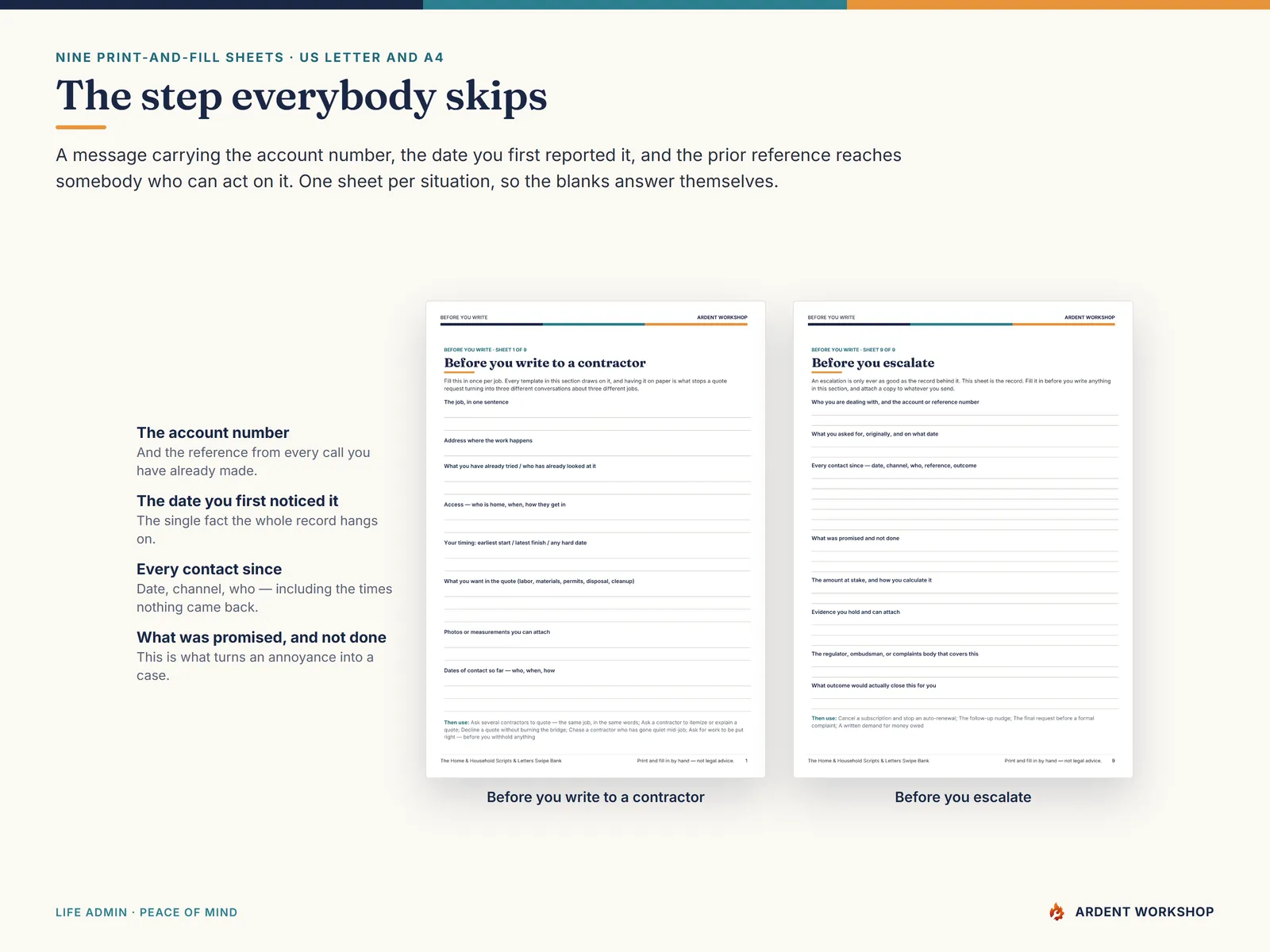 A before-you-write worksheet — the facts to gather before writing, with ruled fill-in lines