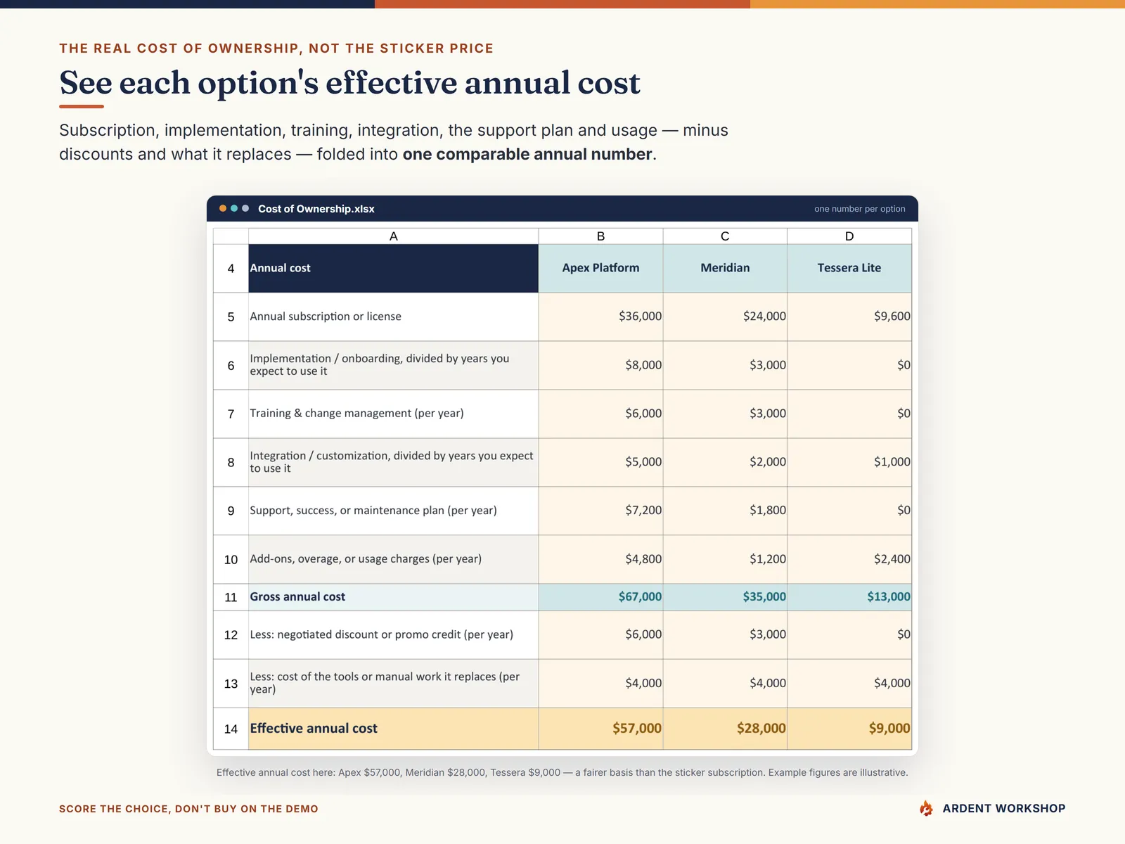 The Cost of Ownership tab turning each option's money into one effective annual cost