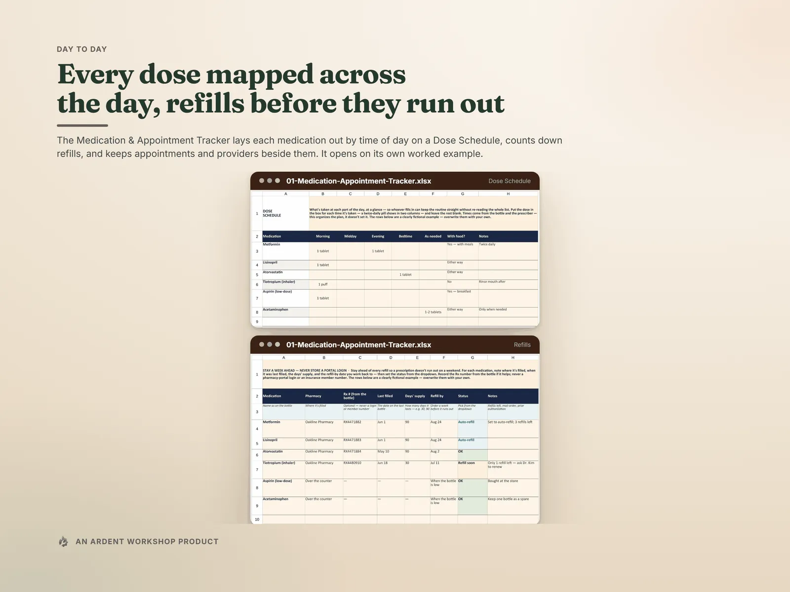 Day to day — the Medication & Appointment Tracker's Dose Schedule by time of day and its Refills tab