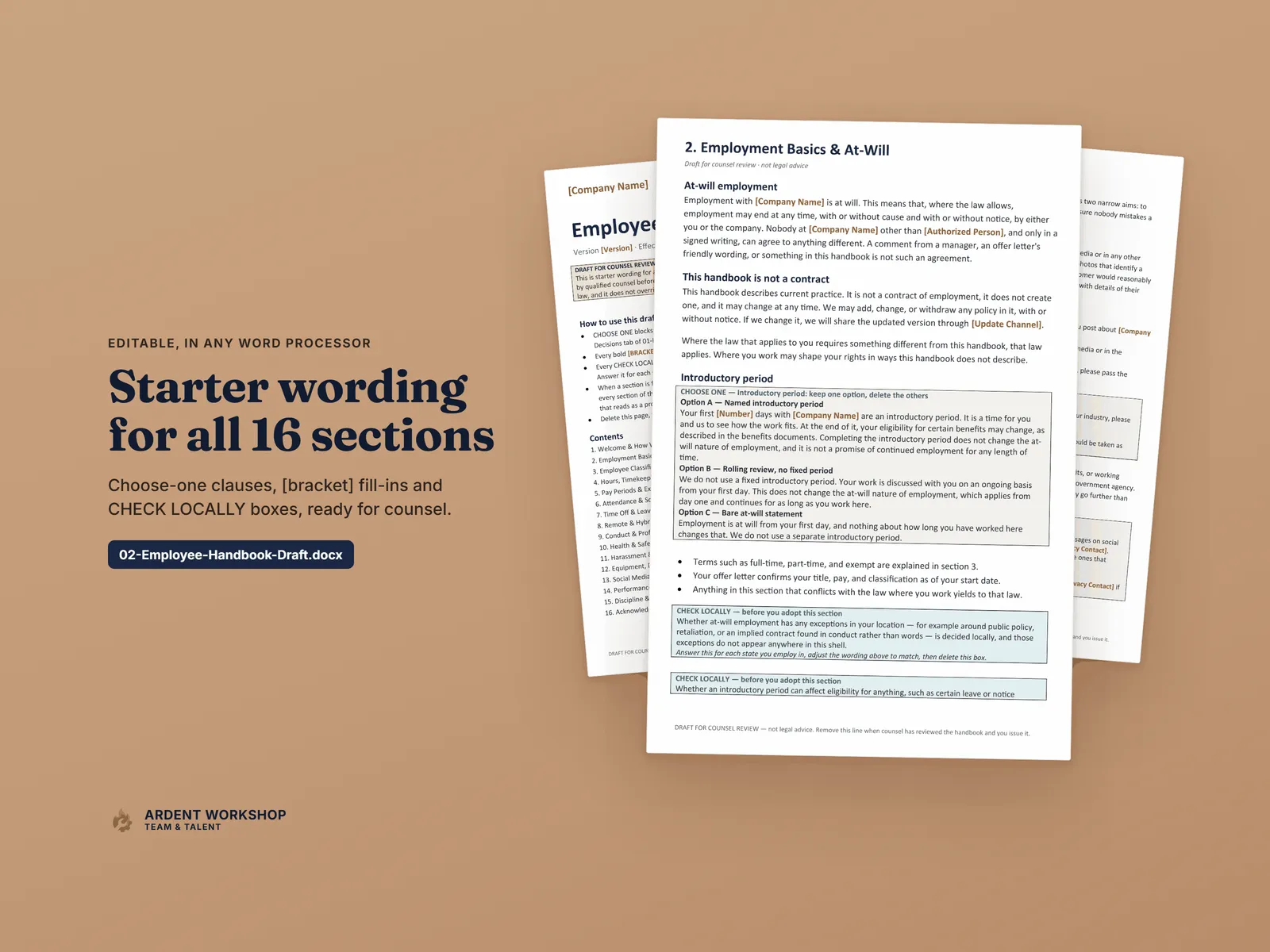 Three pages of the editable handbook draft — the cover, the at-will section with a choose-one block, and the social media section