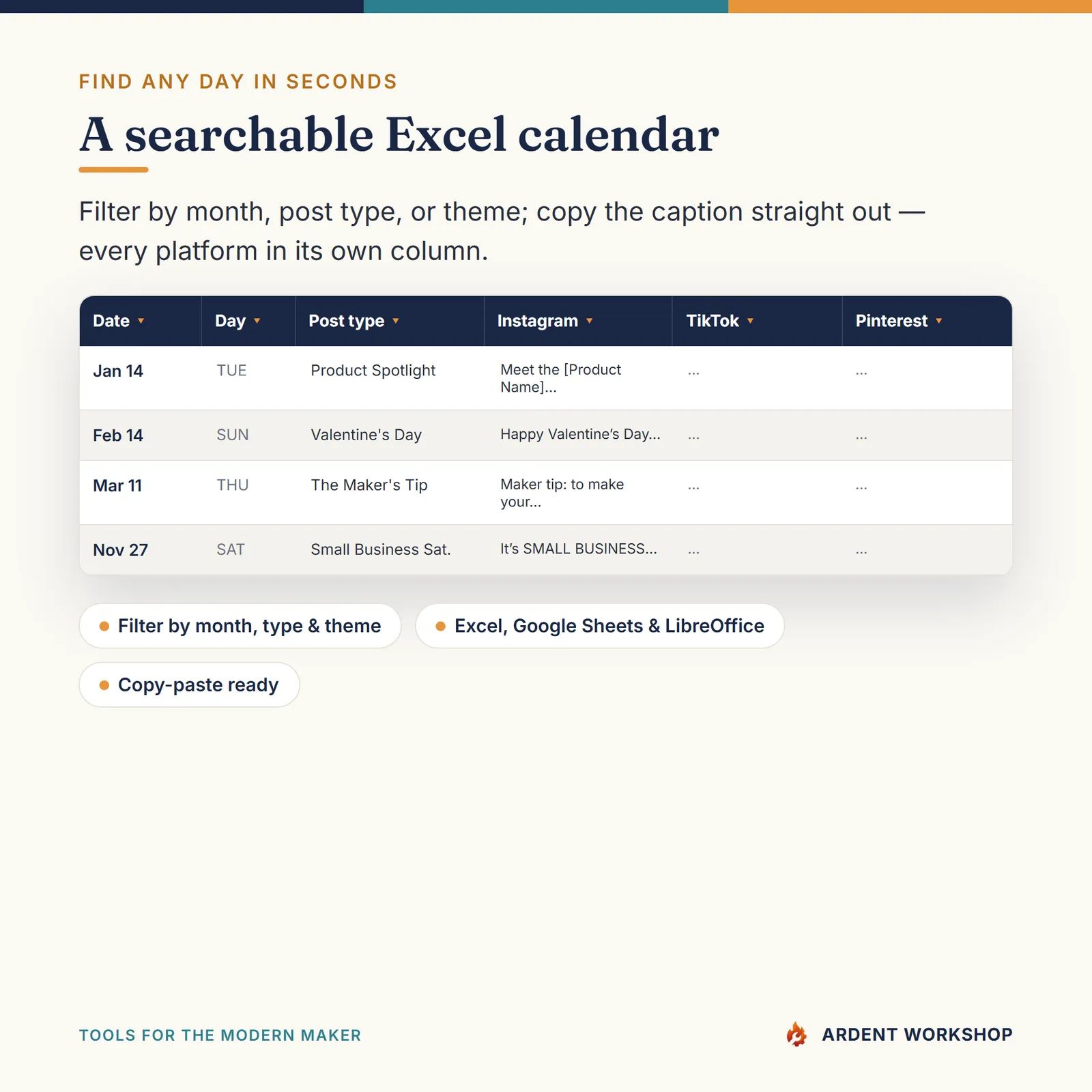 Maker's 365-day Social Media Caption Calendar — Searchable Excel calendar