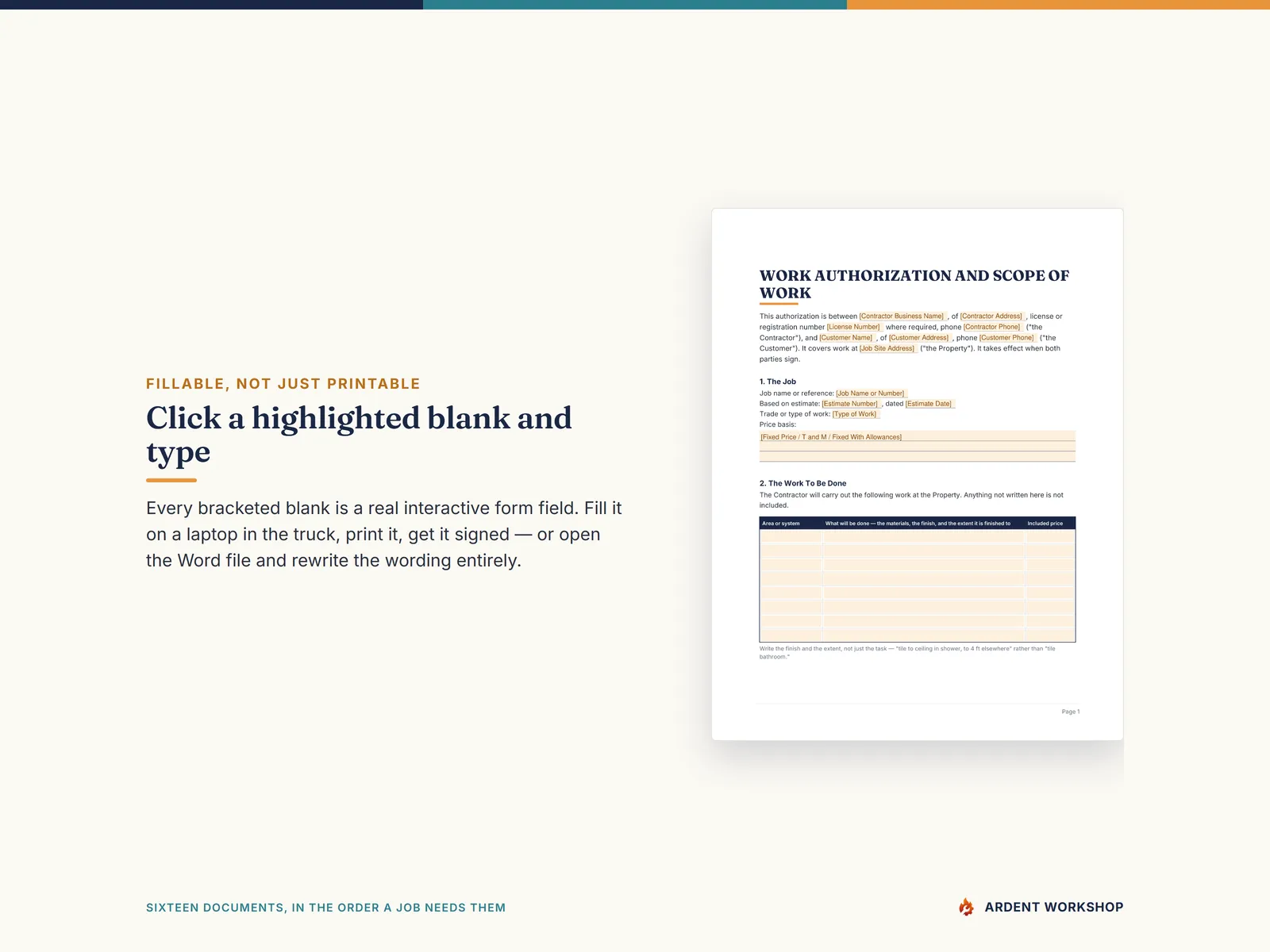 Click a highlighted blank and type — a real contractor document page with interactive fill-in fields