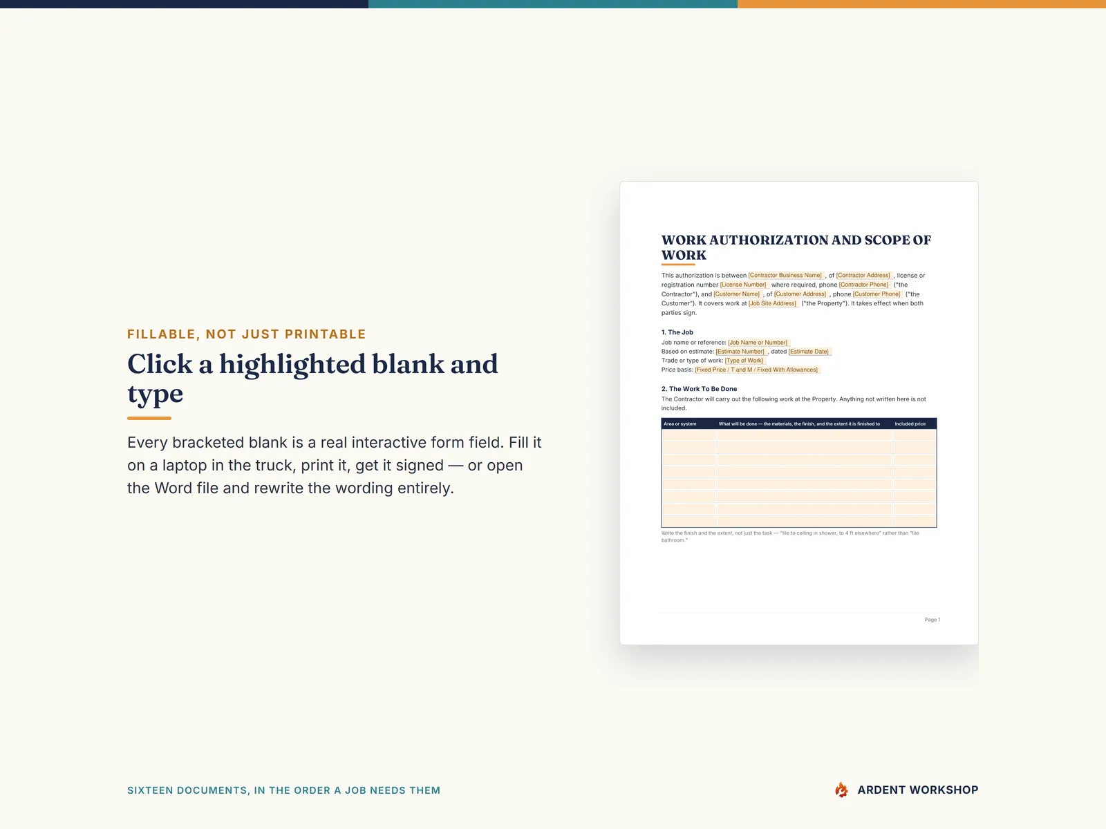 Click a highlighted blank and type — a real contractor document page with interactive fill-in fields