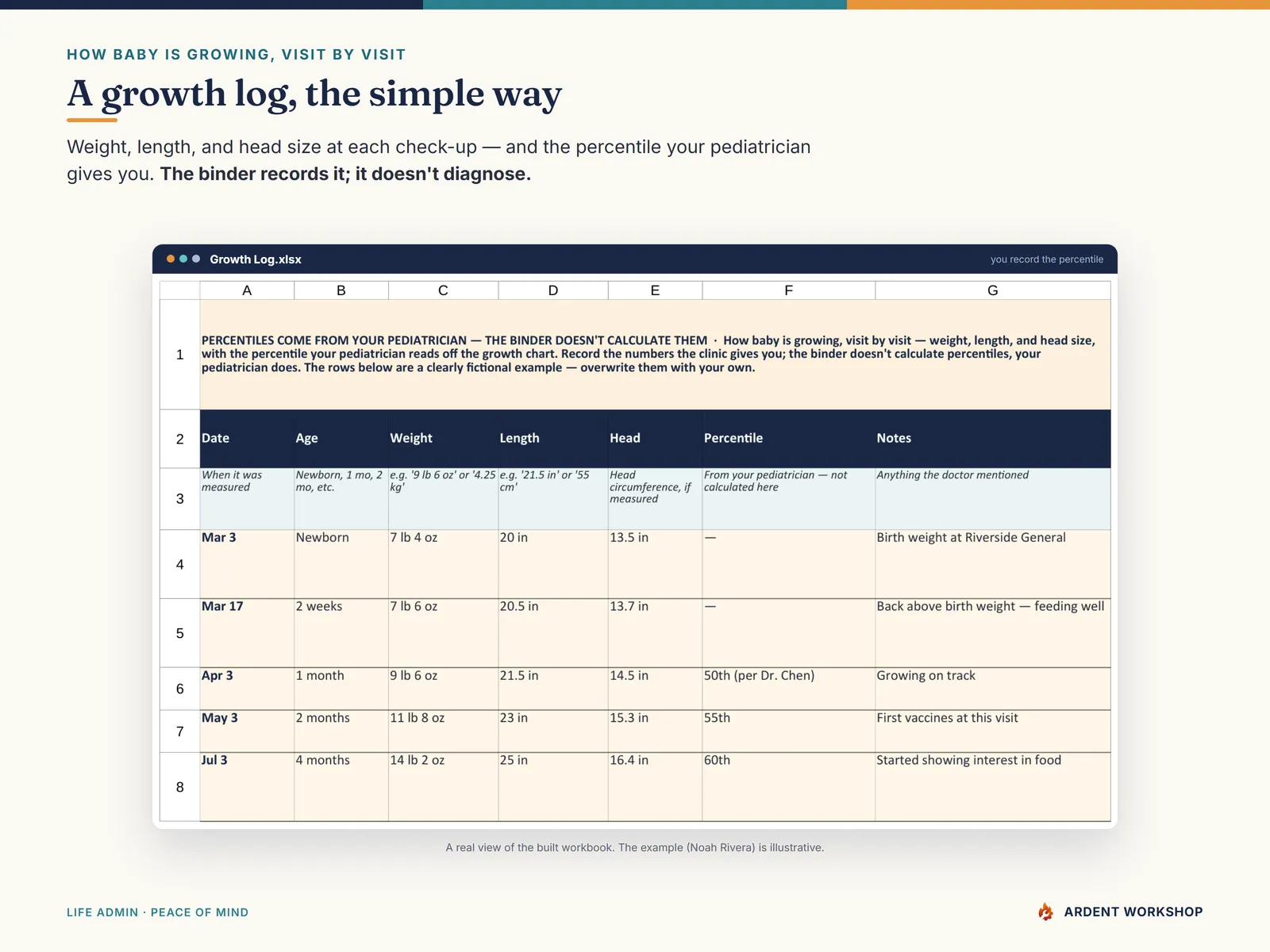 New-Baby Records Binder — the Growth Log tab for weight, length, head size, and the pediatrician's percentile