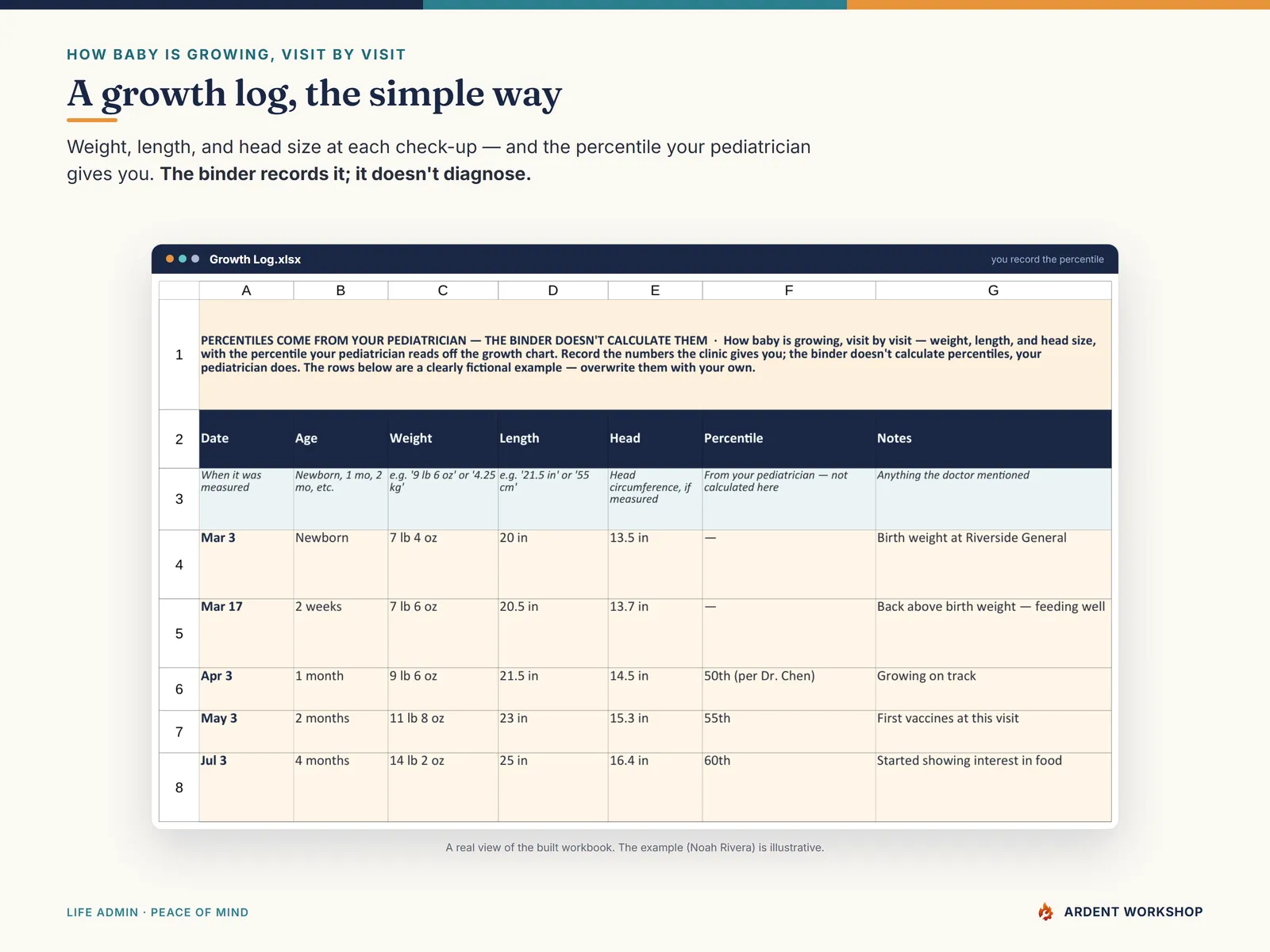 New-Baby Records Binder — the Growth Log tab for weight, length, head size, and the pediatrician's percentile