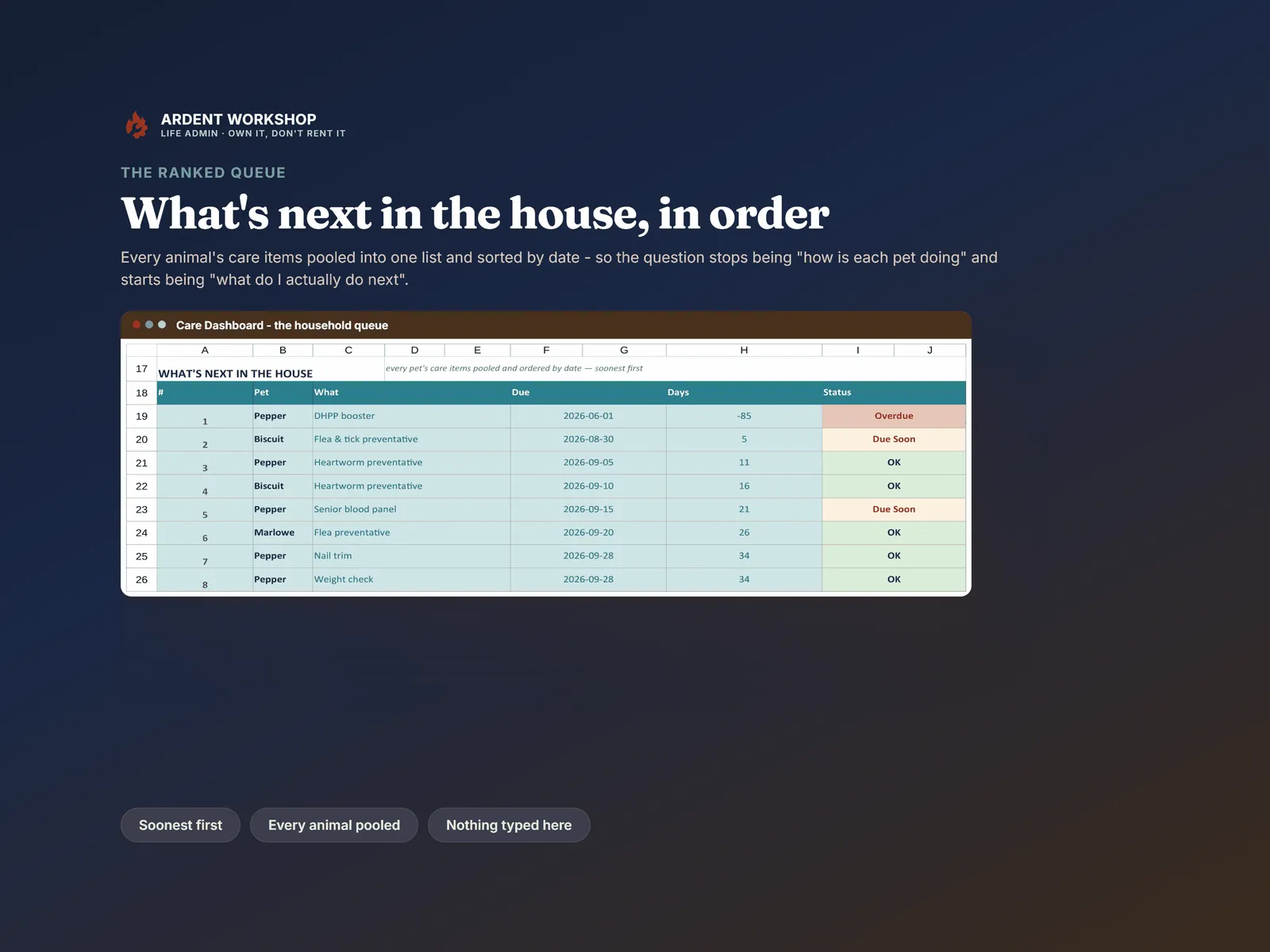 The household queue — the next eight care items from across every pet, pooled into one list and ordered by date, soonest first