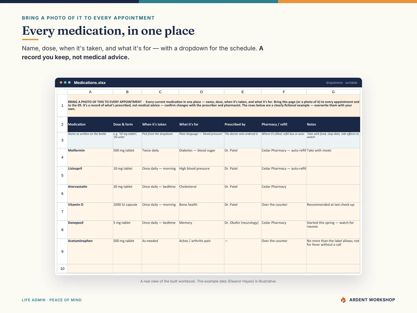 Caregiver Care Binder — the Medications tab with dose, schedule, and what each medication is for