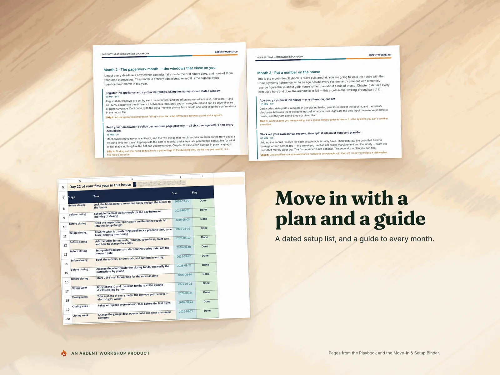 Move in with a plan and a guide: two pages from the First-Year Homeowner's Playbook, beside the Move-In Binder's dated setup list