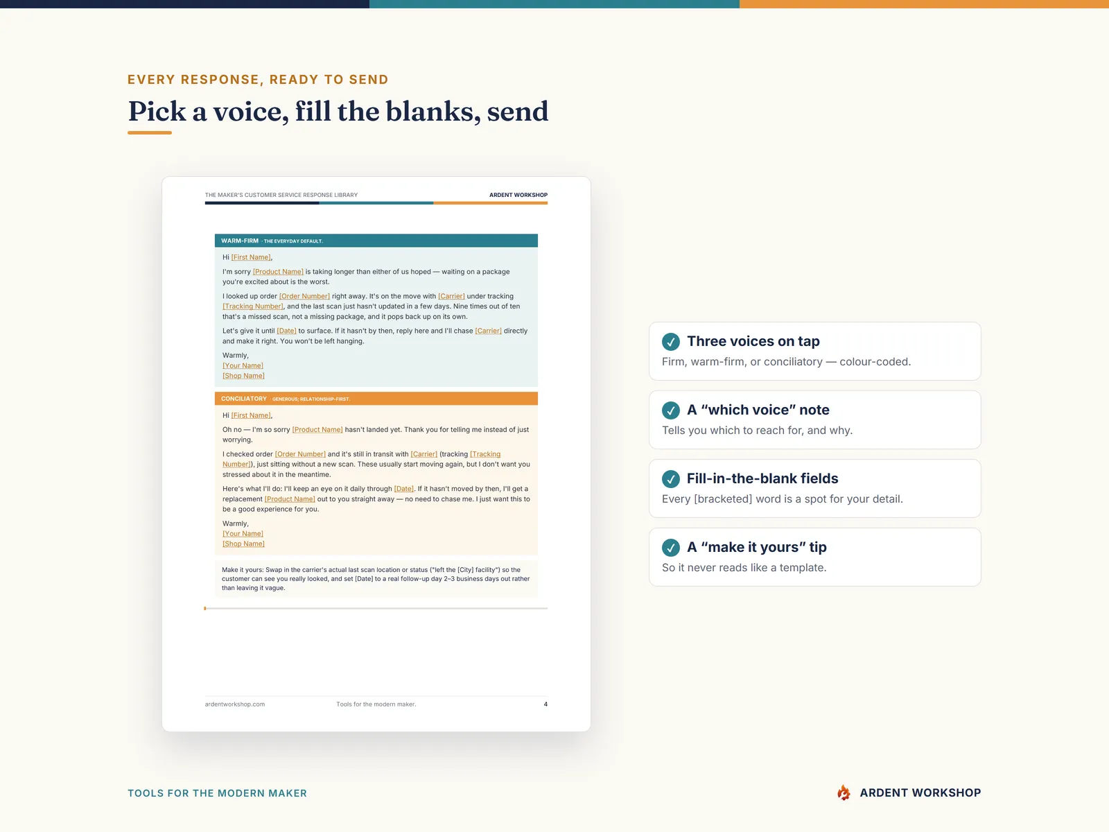 Maker's Customer Service Response Library — pick a voice, fill the blanks, send