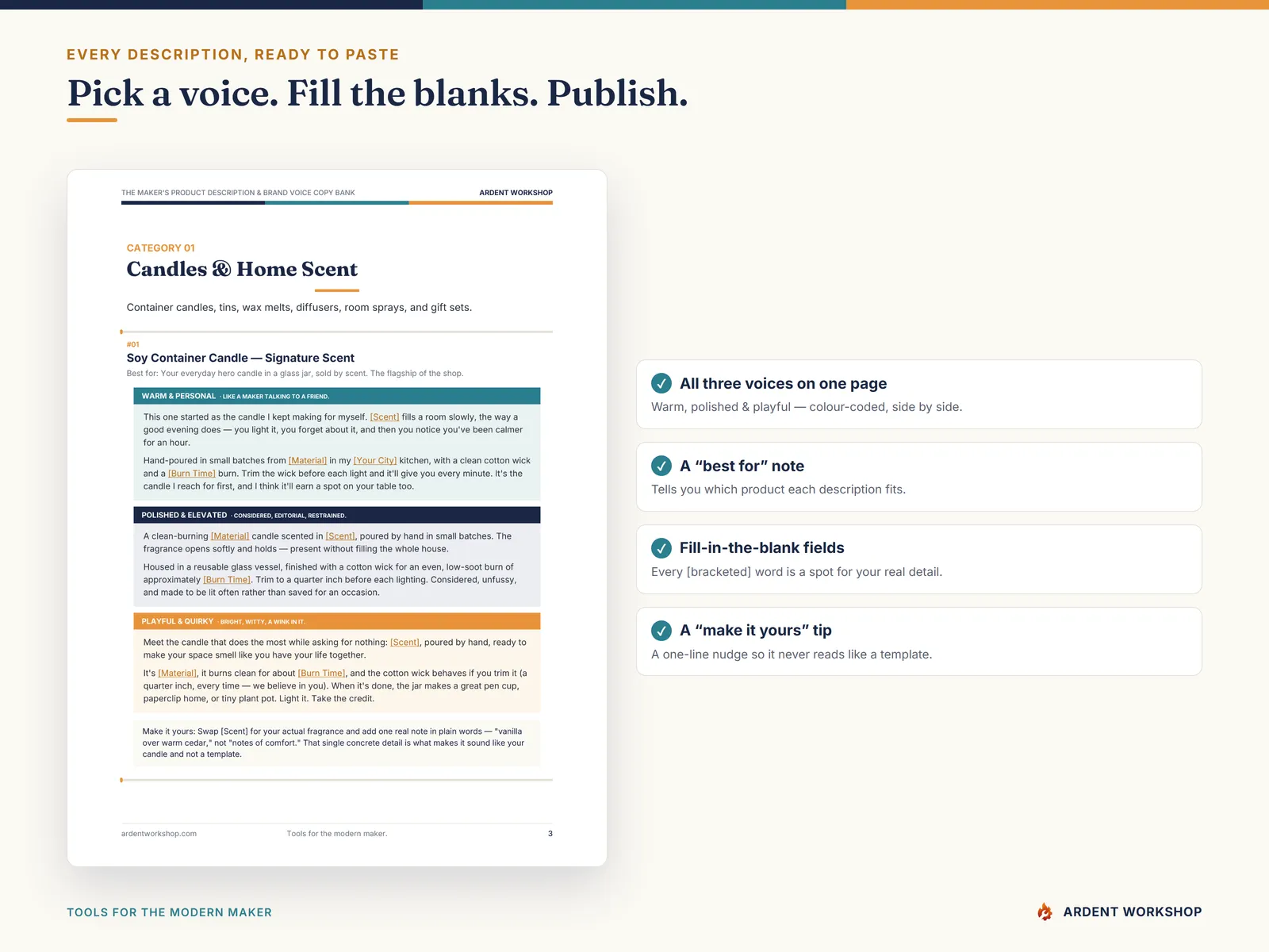 Maker's Product Description & Brand Voice Copy Bank — Pick a voice, fill the blanks, publish