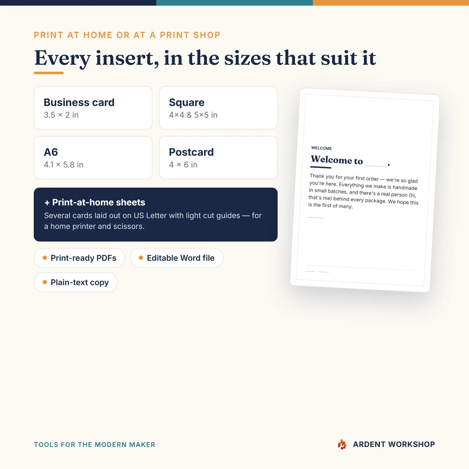 Maker's Care Cards & Packaging Inserts Pack — Multiple sizes