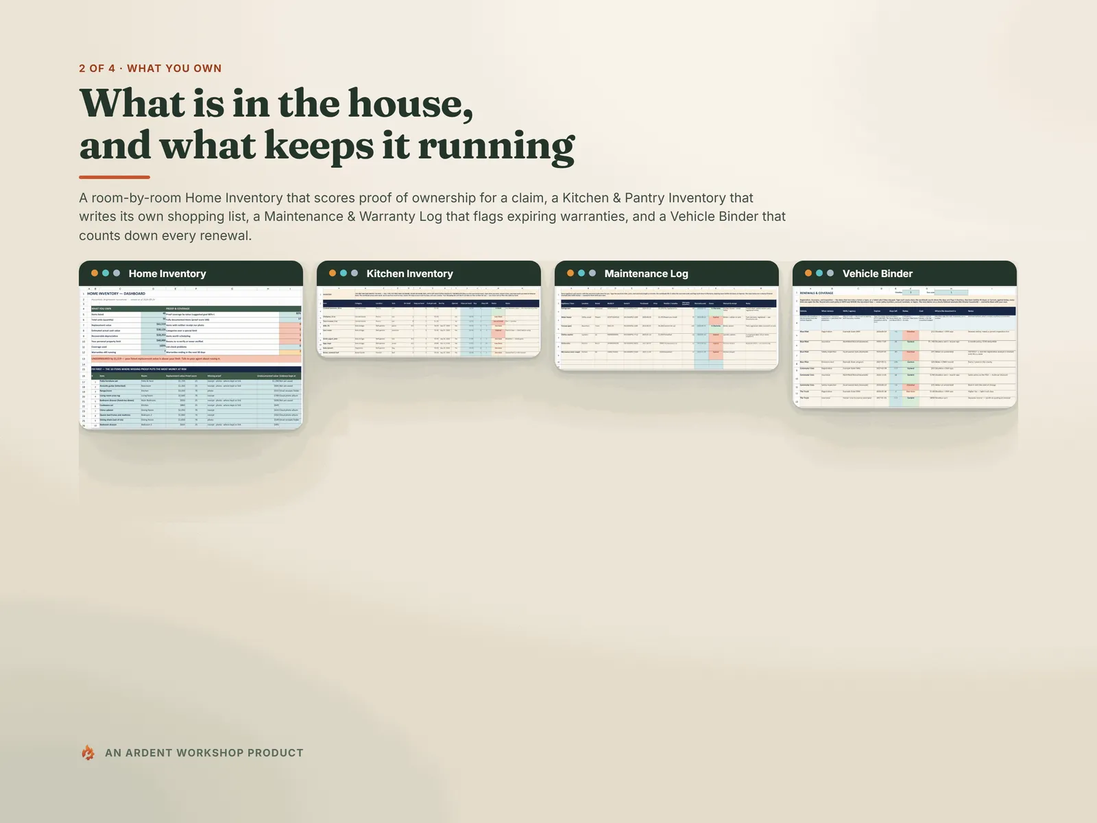 What you own — the Home Inventory, Kitchen & Pantry Inventory, Maintenance & Warranty Log and Vehicle Binder