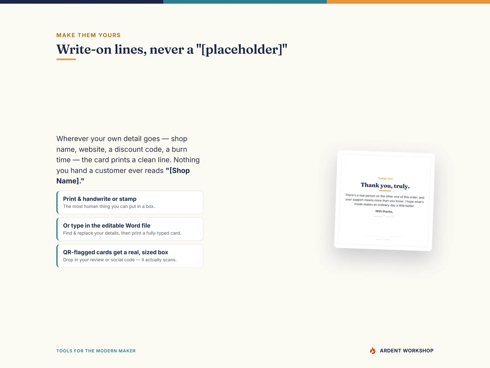 Maker's Care Cards & Packaging Inserts Pack — Write-on lines, never a placeholder