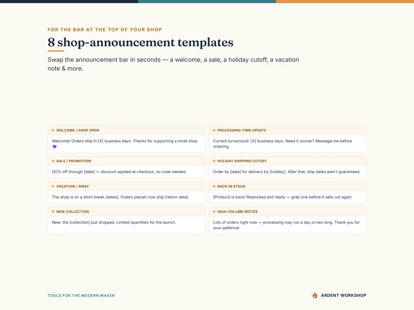 Maker's Shop Policies & FAQ Pack — 8 shop-announcement bar templates