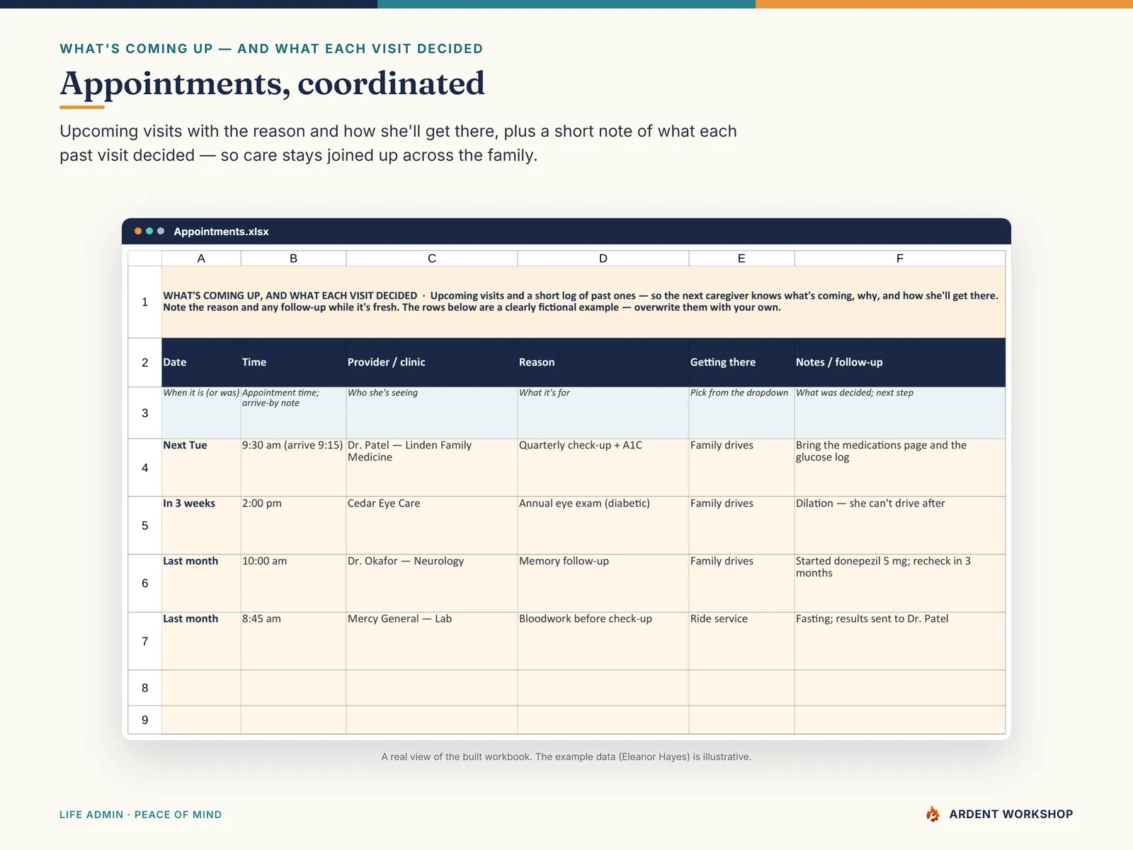 Caregiver Care Binder — the Appointments tab tracking upcoming visits and what each one decided
