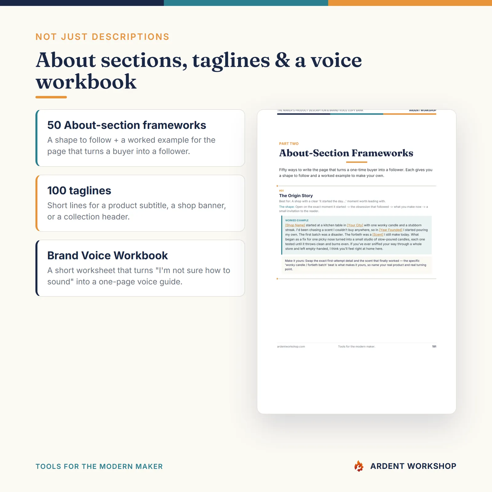 Maker's Product Description & Brand Voice Copy Bank — About sections, taglines & voice workbook