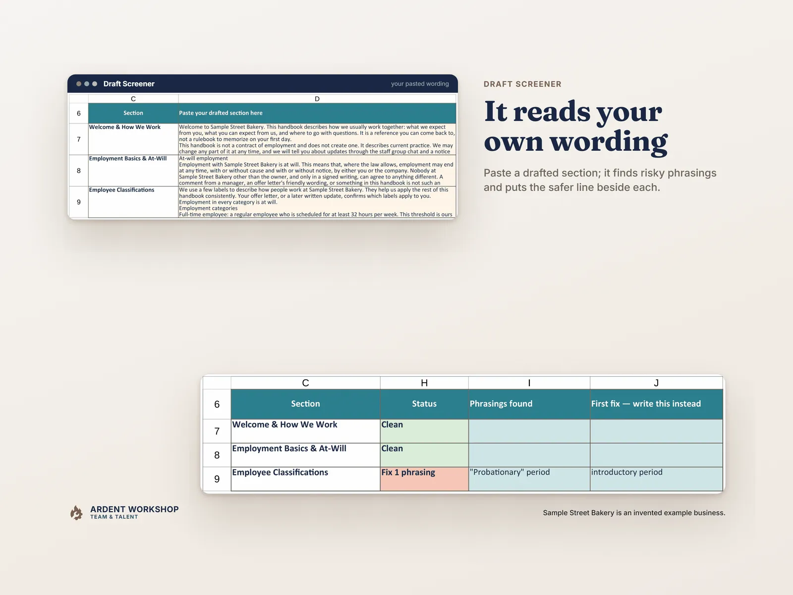 The Draft Screener reading pasted section text, magnified on the status, the phrasing it found and the safer wording to write instead