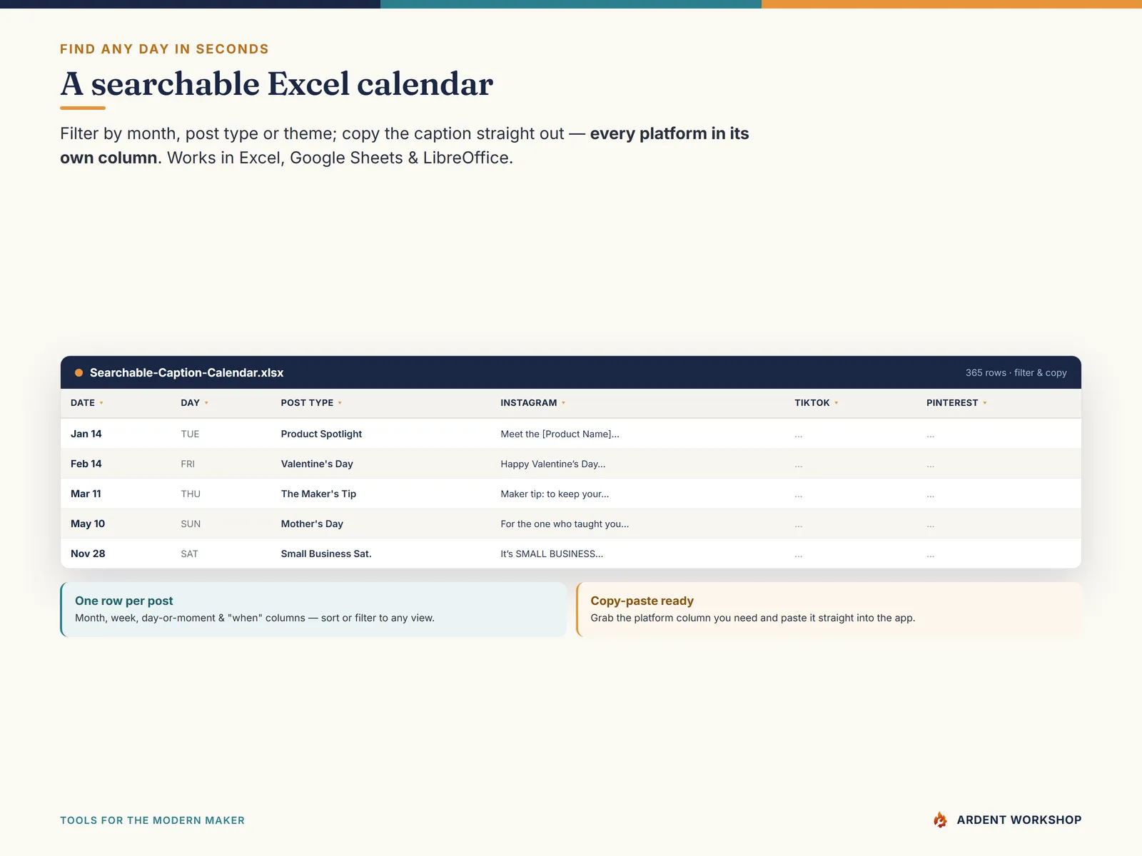 Maker's 365-day Social Media Caption Calendar — Searchable Excel calendar