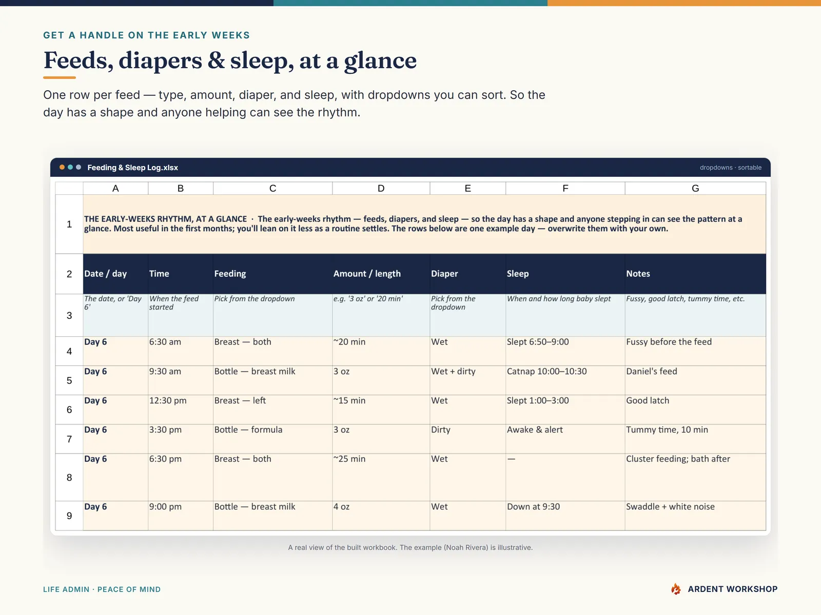 New-Baby Records Binder — the Feeding & Sleep Log for the early weeks, with sortable dropdowns