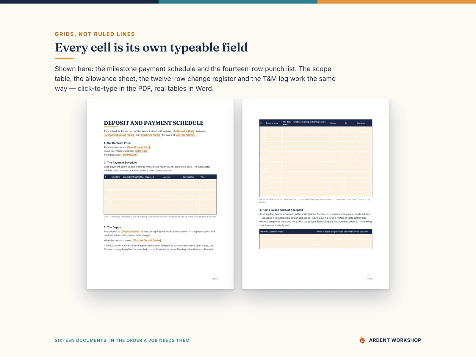 Fillable tables, not ruled lines — the scope table, the payment schedule and the punch list as click-to-type grids