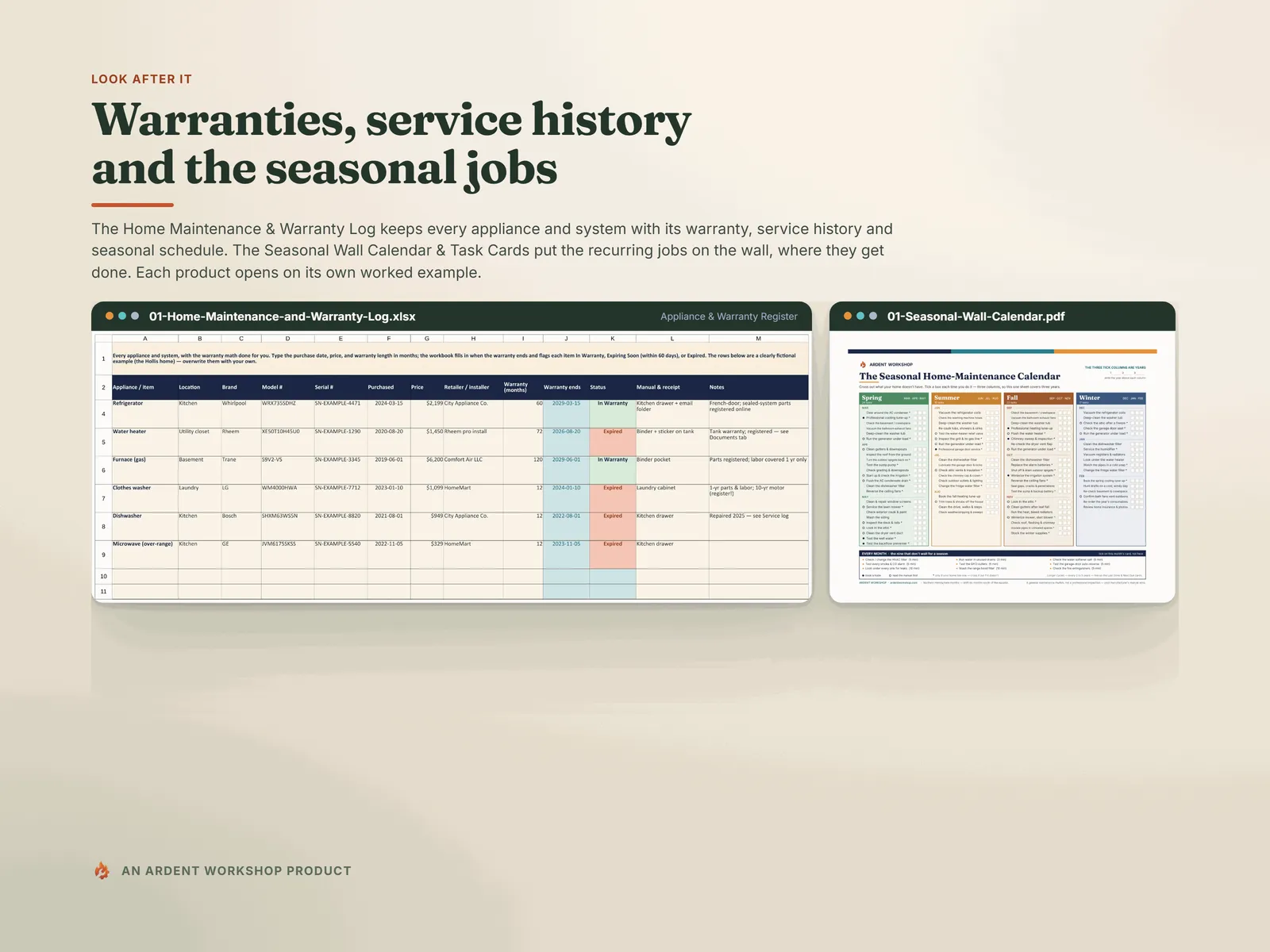 Look after it — the Home Maintenance & Warranty Log's appliance register and the Seasonal Wall Calendar