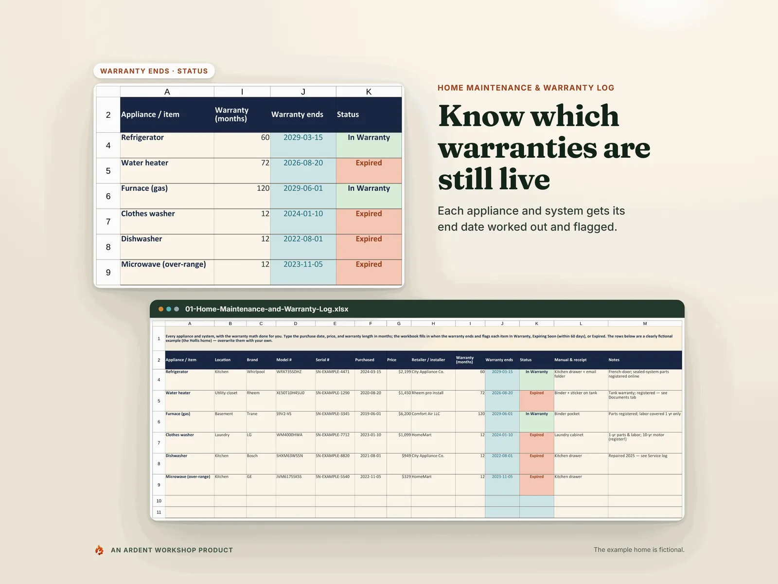 Know which warranties are still live: a close-up of each warranty's end date and its status, In Warranty or Expired, above the Home Maintenance & Warranty Log's full appliance register