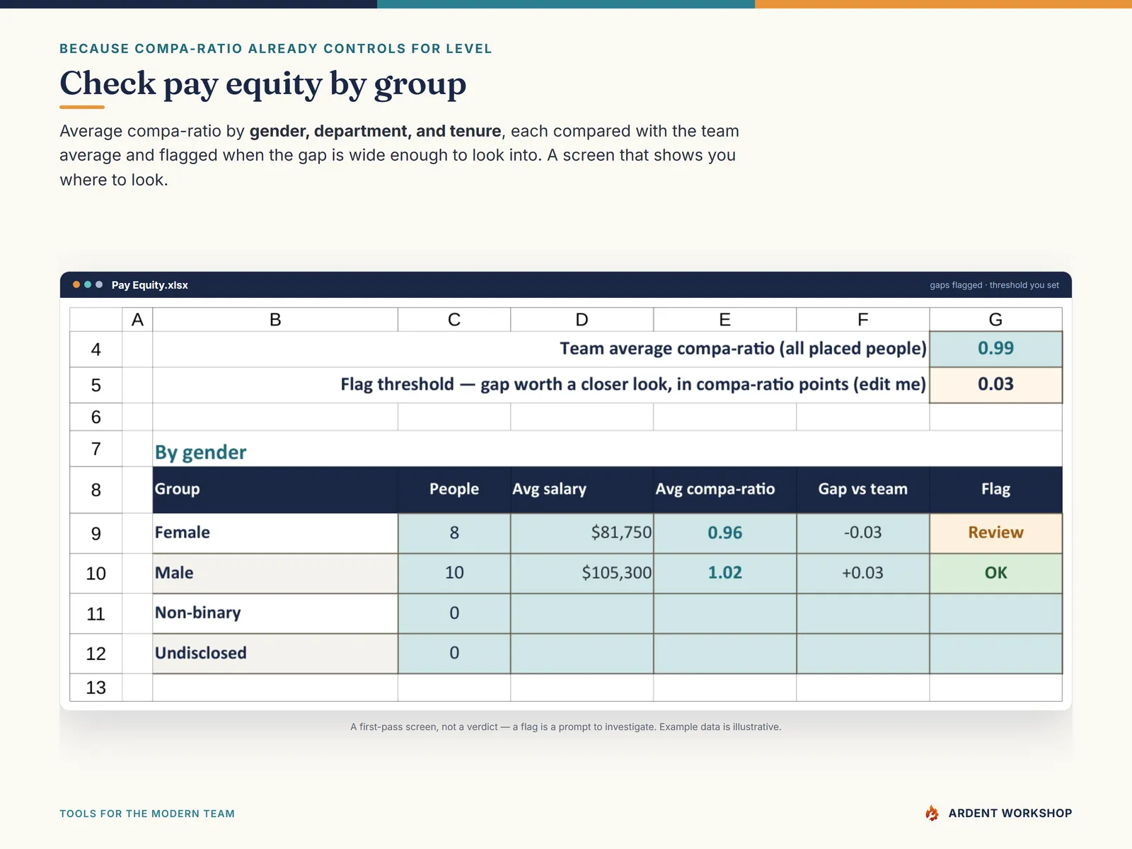 The Pay Equity tab comparing average compa-ratio by gender, department, and tenure and flagging wide gaps